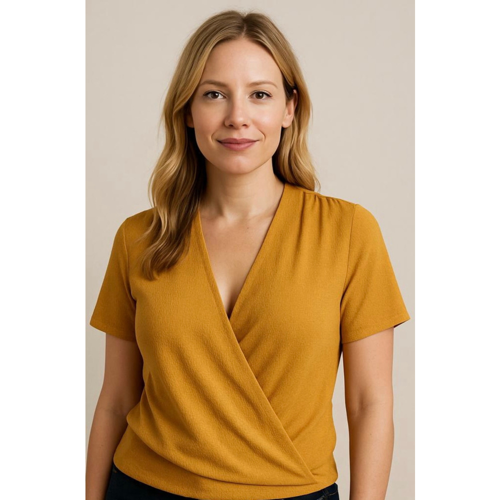 Zara Womens Top Sz M Mustard Yellow V-Neck Short Sleeve Textured Corpgore Office